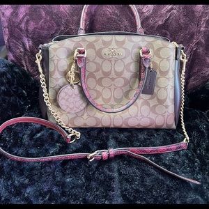 Coach Signature Coated Canvas with maroon snakeskin handles w/matching keychain